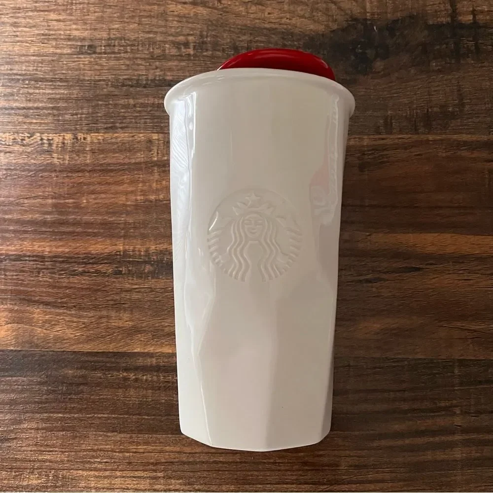 Starbucks 2013 Ceramic Double Wall Ice-Faceted Mug Travel Cup with Red Lid 10oz